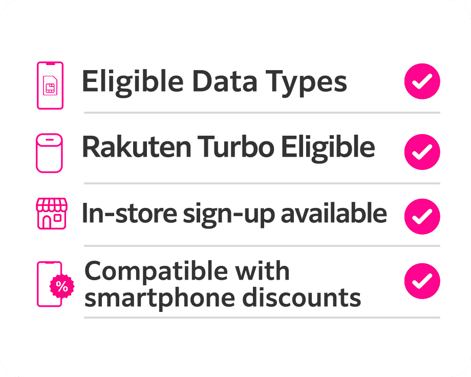 Data type eligible. Rakuten Turbo eligible. In-store contracts accepted. Can be combined with smartphone discounts.